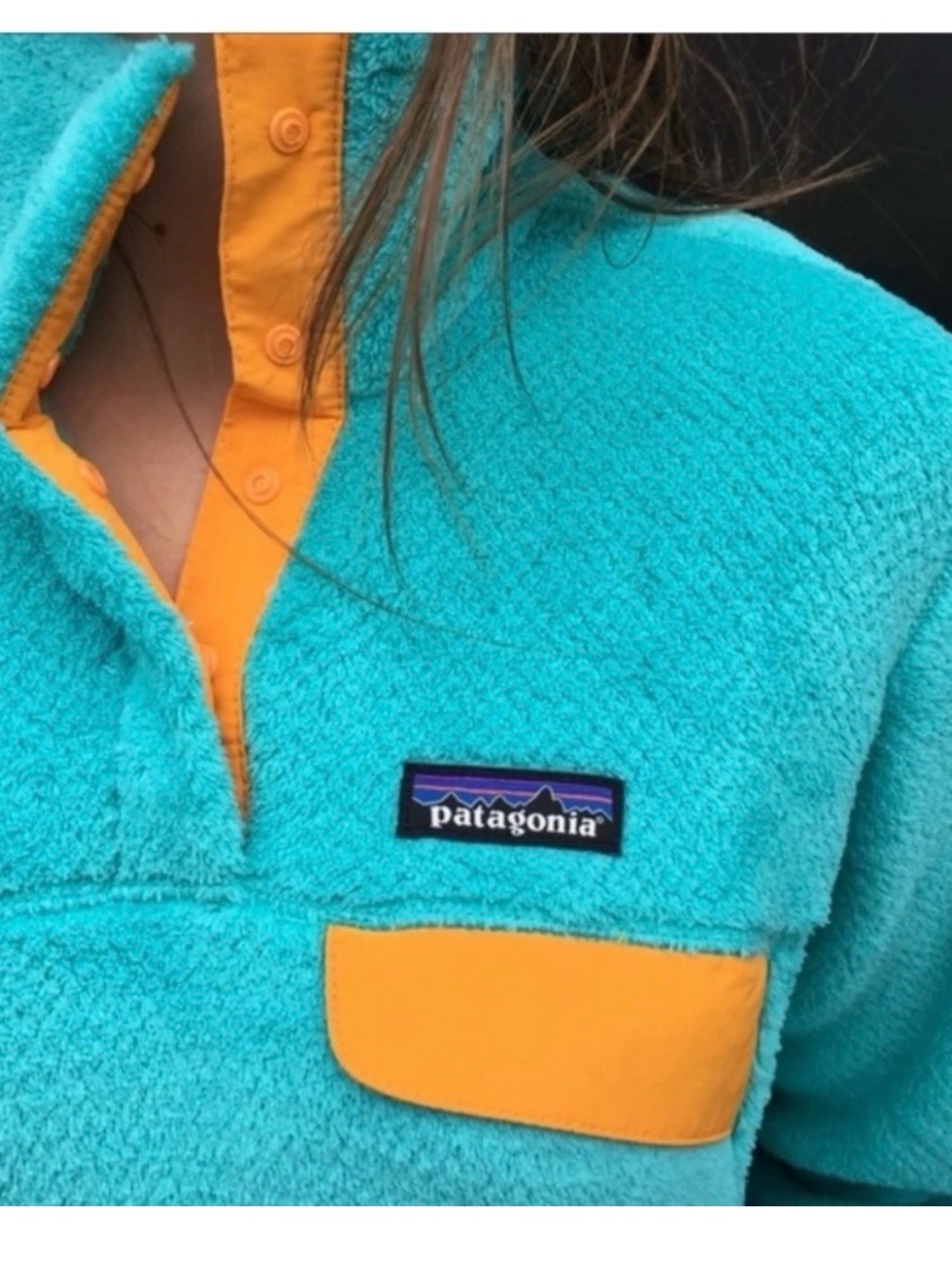 Patagonia re-Tool Teal Fleece Pullover with Yellow Accents